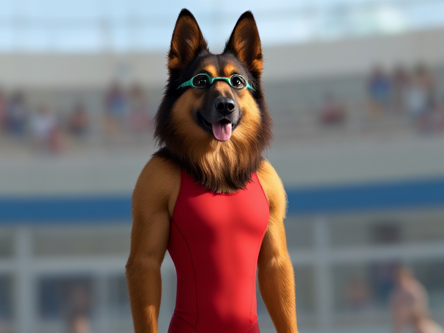 A anthropomorphic long haired German shepherd Olympic swimmer standing tall, while wearing a one piece swimsuit and swimming goggles