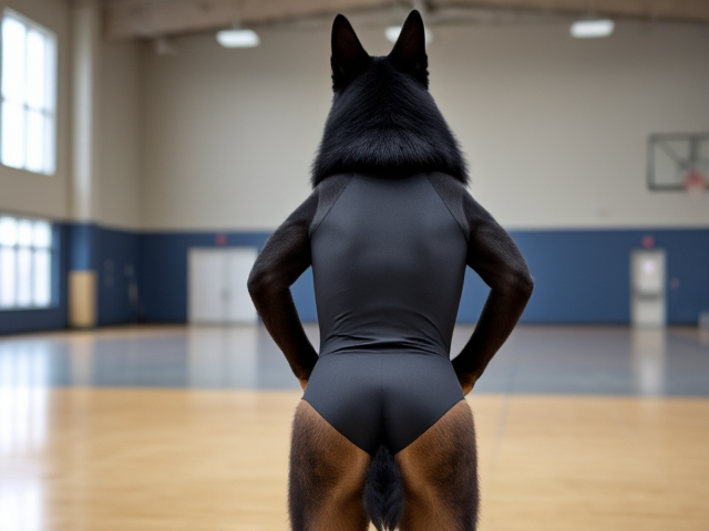 <img alt="Anthropomorphic black German shepherd wearing a gymnastics leotard, posing with emphasis on its hips in a gymnasium setting, detailed and vibrant colors" src="https://ai0servers0shared.blob.core.windows.net/generatedimages/generation/images/yfF9oQJyGZ8LPX1_1729203956.png" />