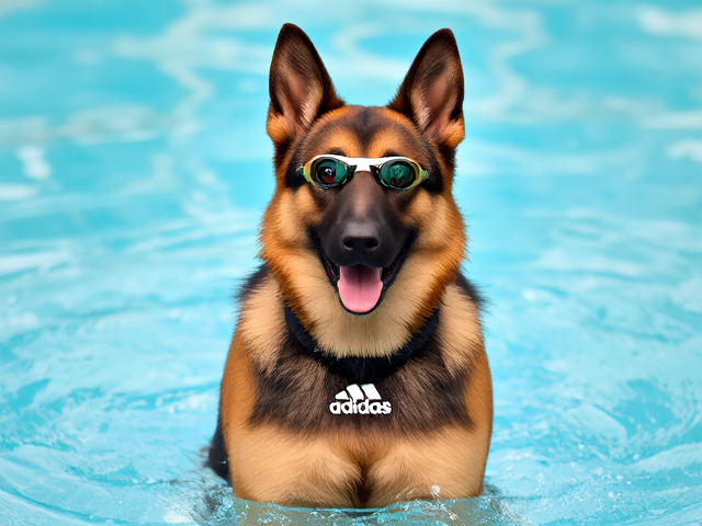 A anthropomorphic German shepherd wearing an adidas swimsuit and swimming goggles