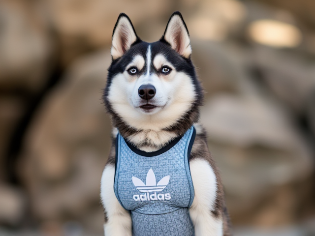 A cute anthropomorphic Siberian husky wearing an adidas swimsuit