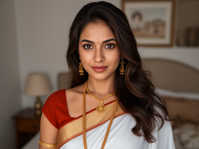Indian woman with brown eyes, brown hair in a bedroom with a  full white saree on and gold bangels, earrings, rights, and anklets, moles on cheek and forehead, no blurry background