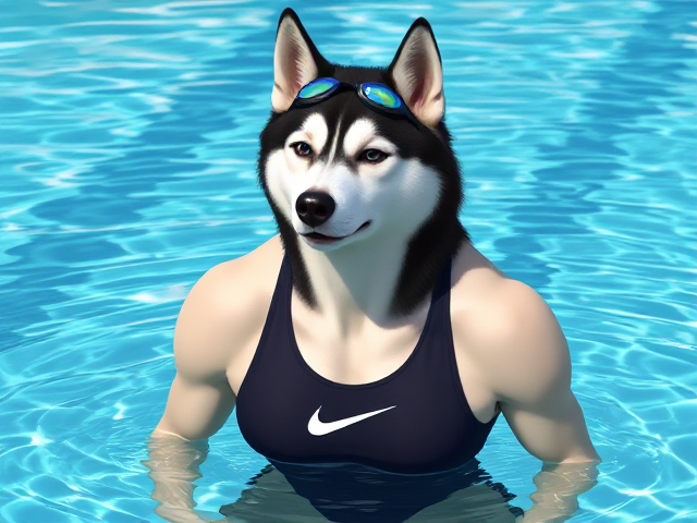 A tall anthropomorphic Siberian husky with a long torso and broad shoulders wearing a high cut Nike one piece swimsuit and swimming goggles, in a swimming pool