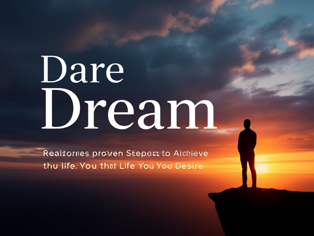 "Create a image 'Dare to Dream: Real Stories, Proven Steps to Achieve the Life You Desire.' The cover should feature a dynamic sky, transitioning from darkness to a bright sunrise, symbolizing hope and new beginnings. In the foreground, include a silhouette of a person standing on a cliff's edge, looking out into the horizon with a sense of accomplishment and anticipation. The title 'Dare to Dream' should be large and prominent, with a clean, modern font, while the subtitle is smaller and positioned beneath it. Use a color palette that blends deep blues, purples, and orange hues, creating an uplifting and motivational tone."