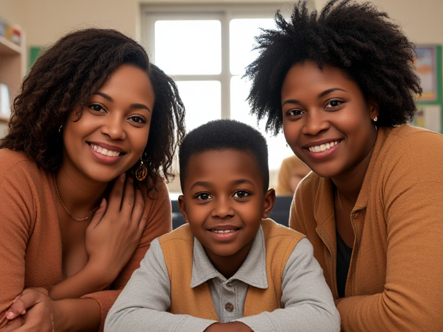 Parents afro-américains d'un élève dans le bureau du directeur d'école, ambiance chaleureuse et bien éclairée, décoration scolaire en arrière-plan, expressions faciales engageantes et concernées, mobilier en bois verni, fenêtre avec lumière naturelle, posters éducatifs colorés sur les murs