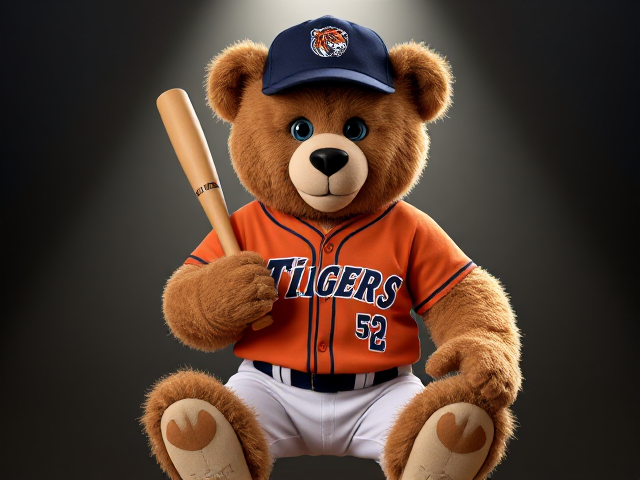A human teddy bear 5 feet 8 Inches tall muscular body very curly light brown fur blue eyes wearing a tigers uniform navy hat with a tiger logo orange v neck jersey with tigers written across the front in navy and white white baseball pants with navy and orange piping down the sides navy socks white cleats posing holding a tan baseball bat with Theodore Haynes written across it