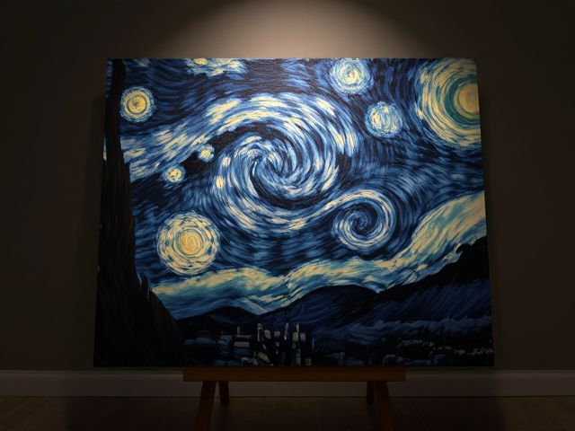 Bad starry night painting propped up