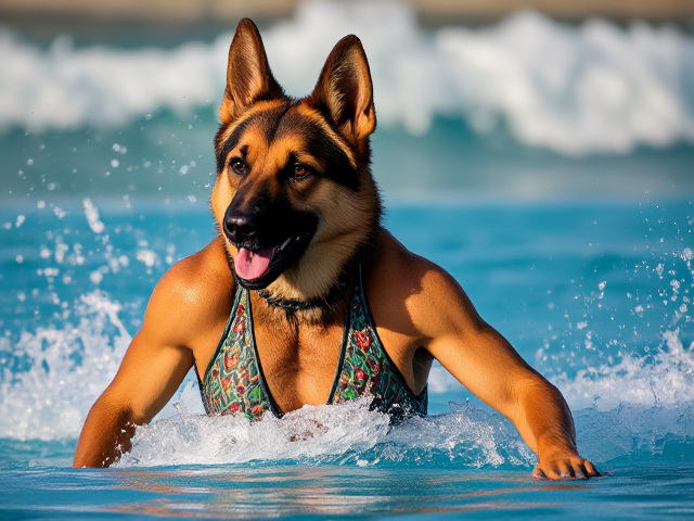 Anthropomorphic German shepherd playing water polo, intricately detailed swimsuit design with unique geometric patterns and shimmering scales, muscular and athletic physique with highly defined muscles, dynamic and powerful pose capturing mid-action, sunlight glistening on the textured wet fur highlighting each strand in exquisite detail, vibrant and colorful aquatic setting with dynamic splashes of water droplets reflecting light in a kaleidoscope of colors, vivid background with realistic waves crashing energetically
