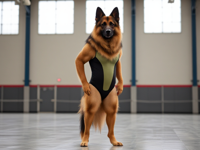 A anthropomorphic long haired German shepherd with large hips stands tall wearing a gymnastics leotard in a gymnasium