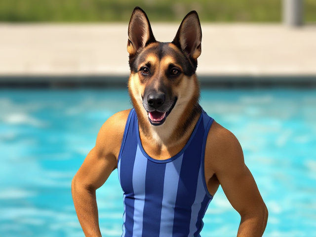 A tall and lean anthropomorphic German shepherd with long forearms wearing a water polo swimsuit