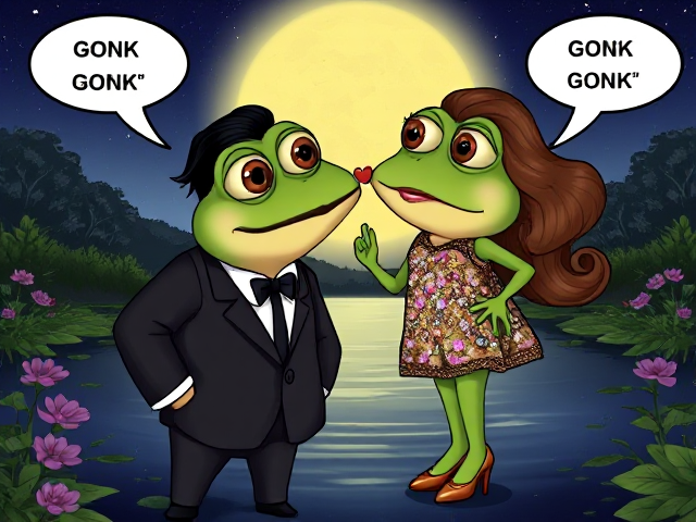 cartoon frog in dark suit with slicked-back hair and mustache, standing next to another frog in sequined dress with big eyelashes, curly hair, high heels, puckered lips as if to kiss against a moonlit background with stars reflecting on a serene pond surrounded by flowers and greenery, eyes bulging out six inches, speech bubbles saying gonk gonk