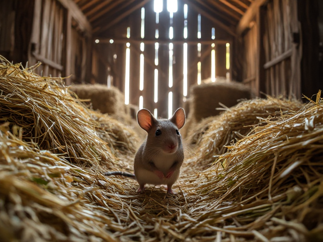 Mouse in a rustic barn, surrounded by hay bales and wooden beams, with sunlight filtering through cracks in the walls, detailed textures