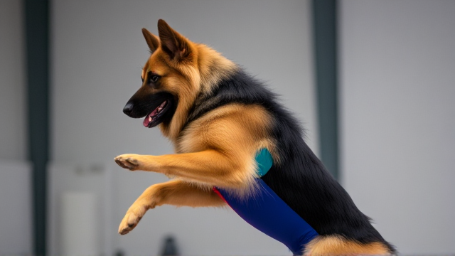 Long-haired German Shepherd in a colorful leotard performing gymnastics, indoor setting, dynamic pose, focused expression, detailed fur and fabric textures