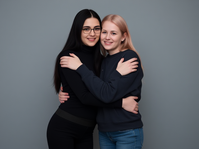A slim, beautiful, barefoot, Gothic female in her 20's, with long black hair and no makeup, wearing a long-sleeved black turtleneck, black pants and glasses, and a smiling, slim, beautiful, barefoot, white adult female in her 20's with pink hair, wearing a sweatshirt and jeans, are hugging each other