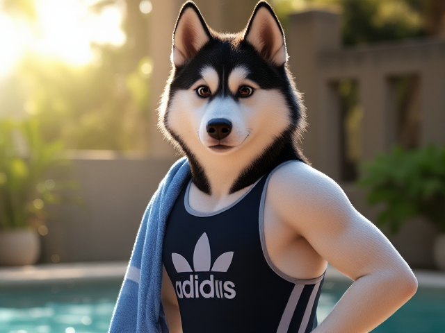 A tall anthropomorphic Siberian husky wearing a adidas swimsuit drying off with a towel 27826409