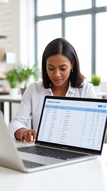 A modern, professional  depicting a business owner analyzing financial data using a digital Chart of Accounts interface. The scene includes a sleek laptop screen showing  account categories. The background is a bright office environment with a desk, plants, and office supplies. The business owner, a middle-aged African woman in smart casual attire, appears focused and engaged, representing the importance of financial management. The overall tone is optimistic and productive, highlighting the benefits of using a modern financial management tool