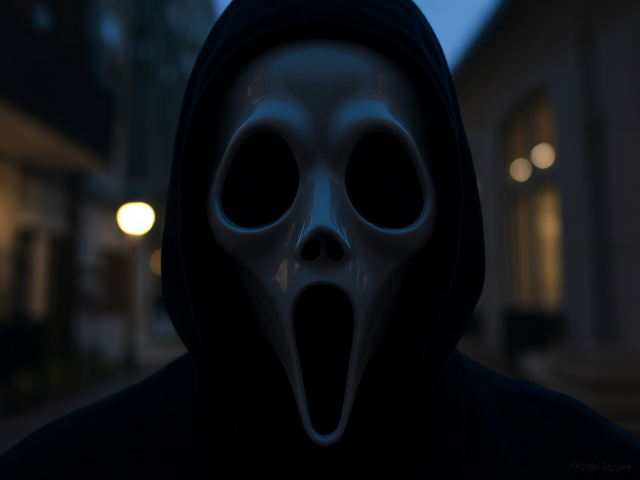 Ghostface mask, male, dark outside