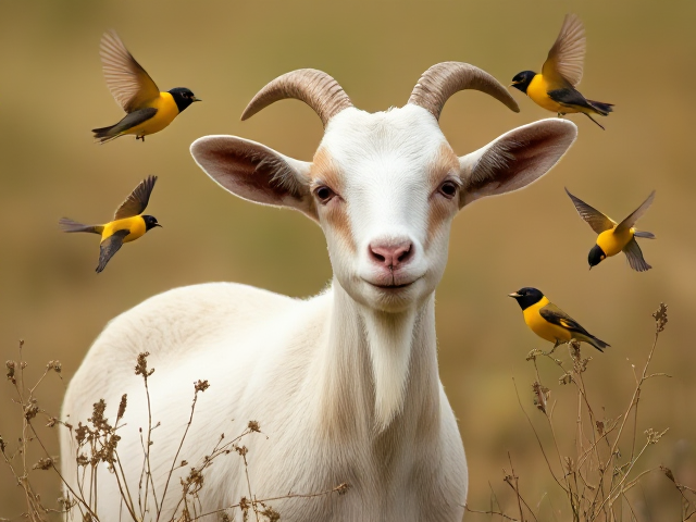Create an image of small goat with honeyeater birds flying around
