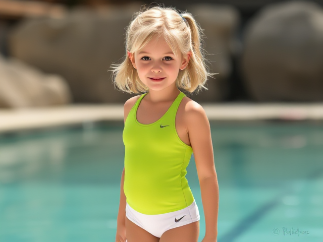 Small blonde haired girl wearing lime green one piece swimsuit and white Nike pro Lycra shorts