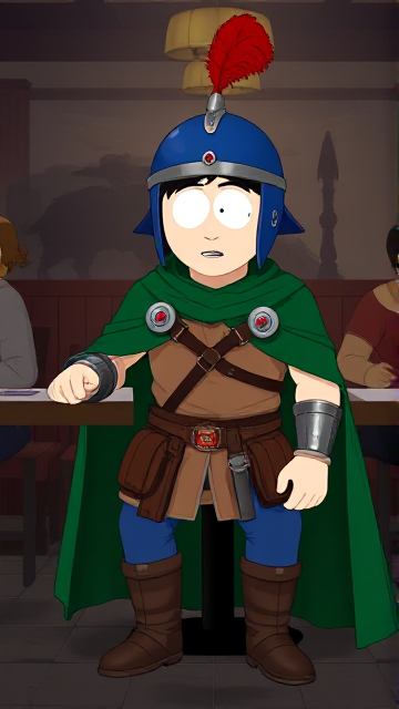 Dramatic South Park scene: Stan Marsh from South Park, light skin and black hair, but as a 14-Year Old teenager with a muscular body, dressed as a medieval warrior, wearing a light brown tank top, a black belt with a red buckle adorned with a castle emblem with brown pouches and the scabbard for his enchanted sword attached to it, blue jeans, steel armored boots, jeweled wrist cuffs, a really big, heel-length long, ultra-wide green cape held up by two silver buttons with red jewels with a strong unbreakable wire connecting them both, and a blue helmet with buffalo emblems on both sides, outlined by silver steel rims going around and across the top, with a really long red feather sticking out at the top. He is now known as Sir Marsh. Despite still being a young teenage kid, he is the Youngest Commander of the Zaronian Army, and one of the youngest and greatest heroes hailing from South Park, Colorado, but now reborn as the real life Kingdom of Kupa Keep, Zaron. In this scene, the young teenage hero is currently sitting at a table in a restaurant, awaiting the arrival of someone he knows.