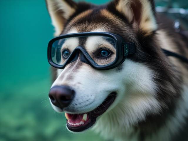 An Alaskan malamute wearing Freediving goggles