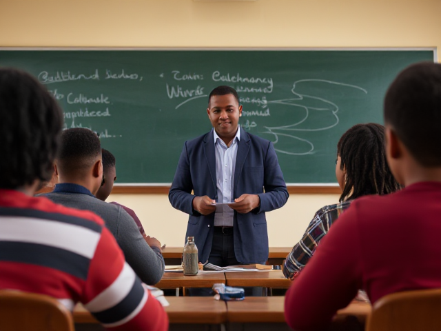 Un enseignant afro américain au milieu d'élèves afro-américains dans une salle de classe, ambiance studieuse et chaleureuse, tableau noir avec écriture visible, lumière naturelle entrant par la fenêtre