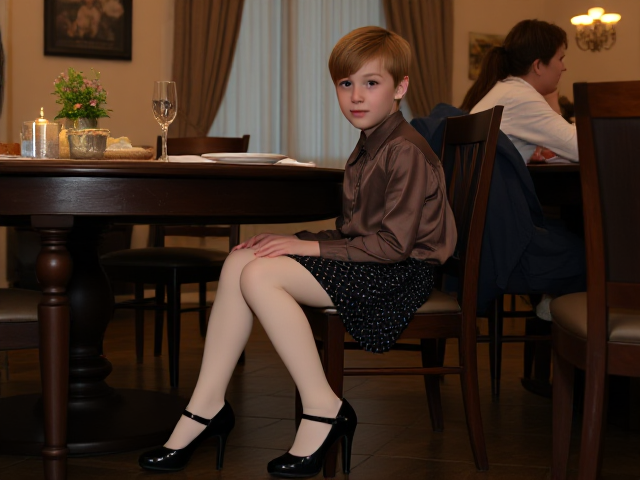 A skinny 13 yearold boy. Sitting at the dinner table, wearing shiny Mary Jane high heels, cream tights, short black polker dot skirt, silk blouse.