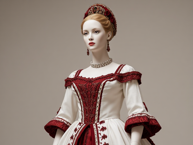 Mannequin with a white royal late 1700s style gown with dark red accents, and floral accents, and cheetah print accents, full body