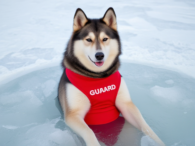 A Anthropomorphic Alaskan malamute wearing a red lifeguard swimsuit sitting in a ice bath