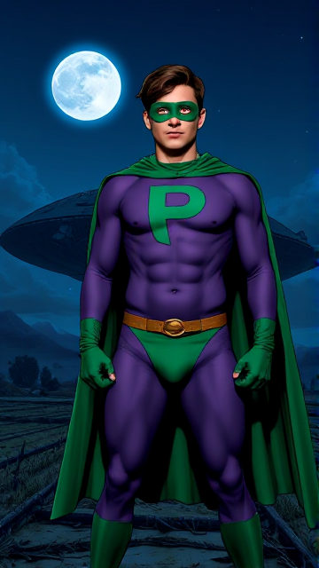 Dramatic Comic Book scene: A young, Autistic 25-year old boy with light skin and flat, smooth, and slick brown hair with a singular curled bang in the shape of a P sticking out at the front named T.J. Granger, but transformed into a genetically-altered superhero named Powerman, who, despite still being a young adult kid, has an extremely muscular body. He wears a sleek purple bodysuit with a green P symbol on his chest, a golden belt with a circular buckle, green briefs, green boots, green long-cuffed gloves, a really big, toe-length long, ultra-wide green cape wreathed around his neck, and a green eye mask that protects his true identity and also causes his pupils to magically disappear as his eyes glow an eerie white. He also has incredible and invincible superpowers flowing through his veins. In this scene, Powerman is currently standing in front of a crashed alien mothership on the outskirts of a farm at night, ready for action as he prepares to take flight for the first time and fulfill his destiny.