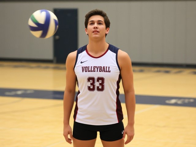 Tall athletic volleyball player, 6'3", wearing a dynamic sports uniform, poised and ready to serve on an indoor court, with determination and focus