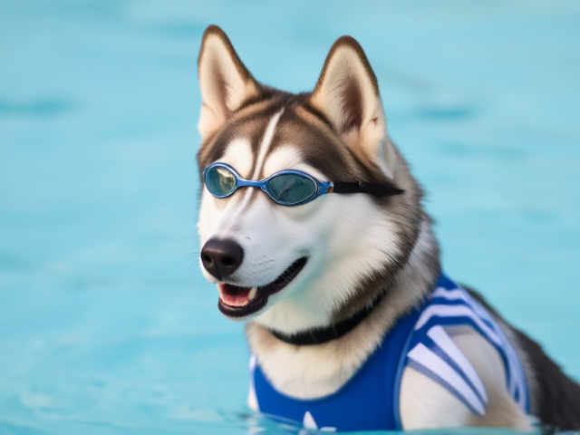 A anthropomorphic Siberian husky wearing an adidas swimsuit and swimming goggles