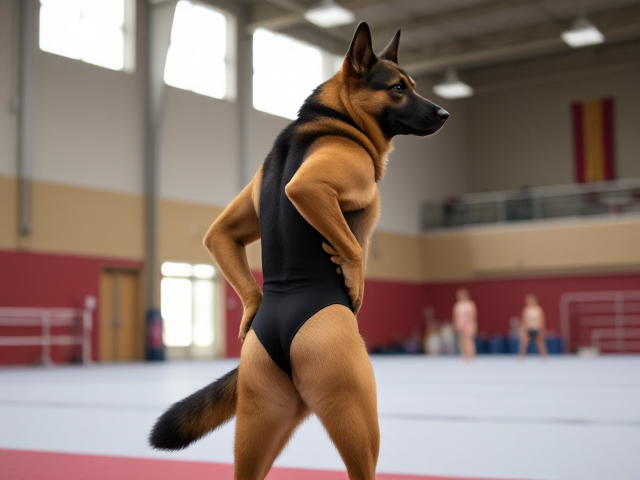 A anthropomorphic German shepherd with strong hips and strong shoulders wearing a gymnastics leotard in a gymnastics center