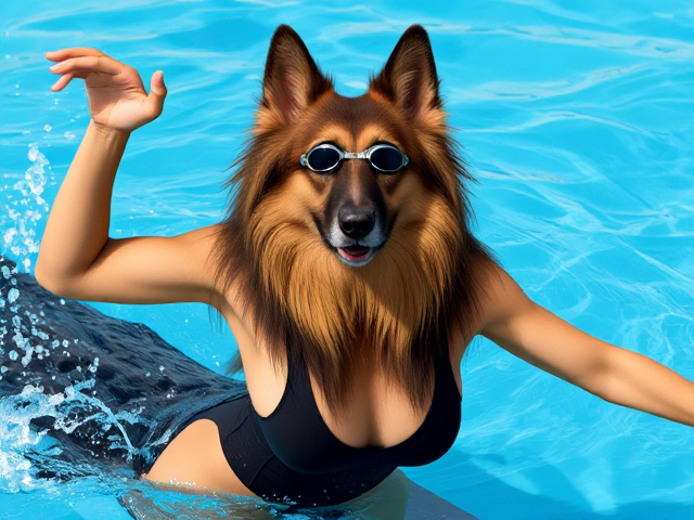 A anthropomorphic long haired German shepherd Olympic swimmer stretching her long torso, while wearing a one piece swimsuit and swimming goggles