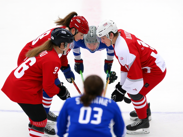 a face off in an Olympic women’s fiend hockey game between a team in a red uniform and a ream in a blue uniform