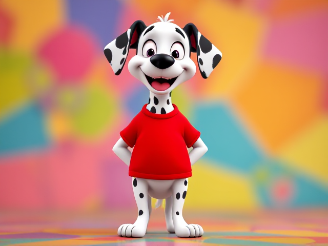 Cartoon dalmatian dog with a joyful expression, wearing a bright red T-shirt, standing confidently, no pants, colorful background