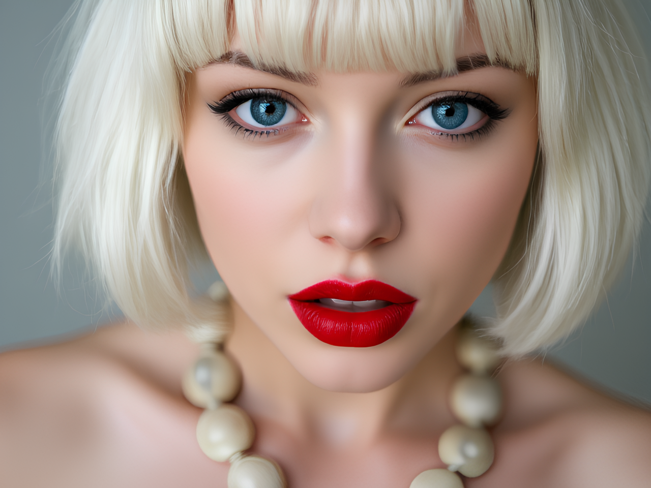 white short hair fat  red lips blue eye shadow snail shell necklace