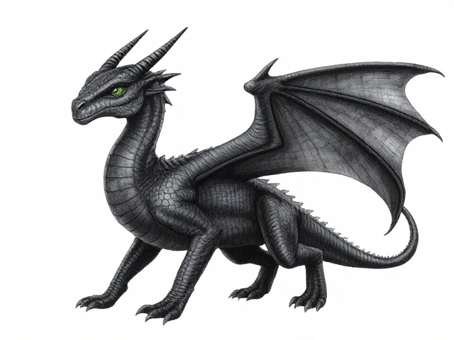 Young Female dragon with dark, midnight blue scales and obsidian black wings; obsidian black underbelly and clawed feet. She has small spikes that align from her head horns down to her back jaw. Her eyes are venom green. Narrow, beautiful face and an elegantly long neck. Has small ears like a horse. Powerfully built with taut muscles under her scales. She moves purposefully and proudly; has an expression of maturity and seriousness in her face