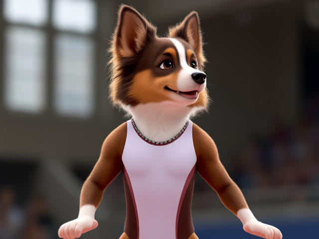 A anthropomorphic Australian shepherd Olympic gymnast wearing a leotard