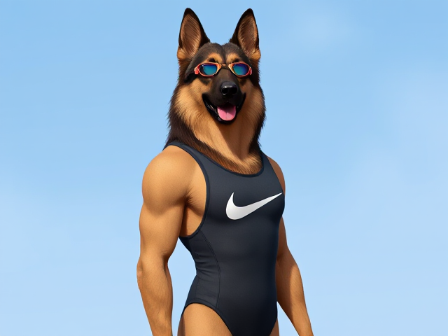 A tall anthropomorphic long haired German shepherd with a long torso and broad shoulders wearing a Nike high cut one piece swimsuit and swimming goggles