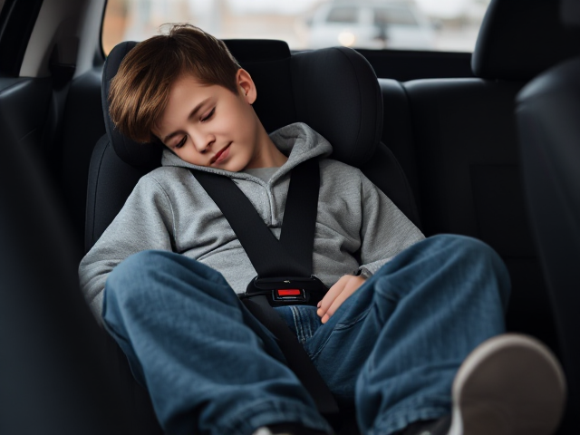 picture a tween boy sleeping in a booster seat inside a car, illuminated by soft ambient light. he is secured with a detailed 5-point-harness that fits snugly between his legs and across his shoulders. he is wearing baggy jeans and a comfy hoodie with intricate textures, his sneakers slightly visible beneath the jeans.