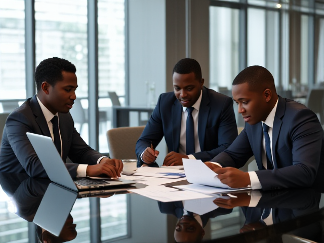 Jeunes cadres afro-américains en costume dans une salle de réunion moderne, collaborant et écrivant un rapport sur des ordinateurs portables et des documents éparpillés sur la table