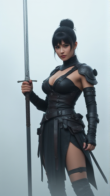 A fantasy-themed female character standing against a misty background. She is adorned in a unique, strappy outfit that appears to be made of leather or a similar material. The outfit is intricately designed with multiple buckles and straps. The character wields a long, sharp sword in her right hand, which she holds in a defensive or ready stance. Her dark hair is tied up in a bun, and her facial expression is one of determination. The overall ambiance of the image is mysterious and intense, suggesting that the character might be a warrior or a guardian of some sort.