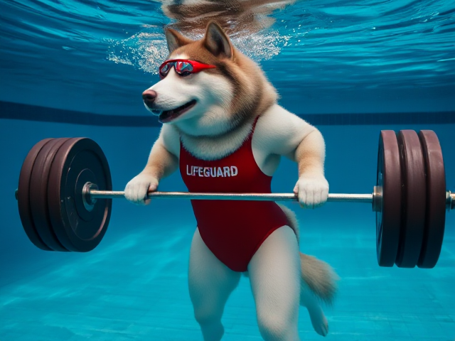 A anthropomorphic alaskan malamute wearing a red lifeguard one piece swimsuit and swimming goggles, deadlifting a barbell at the bottom of a pool