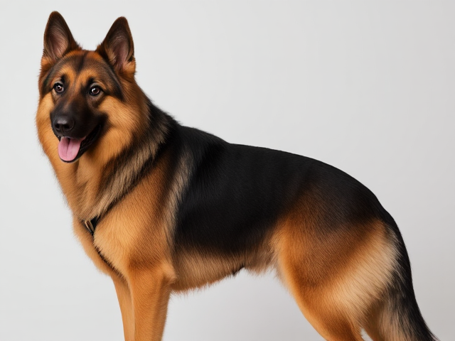 Anthropomorphic German shepherd with long hair, wearing a one-piece swimsuit, featuring wide hips and an athletic build, set against a simple background
