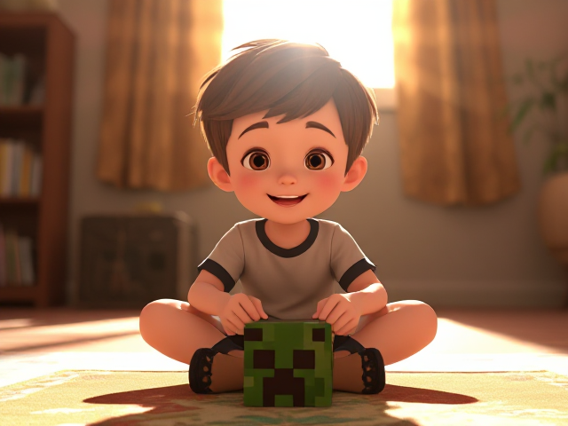 A young boy with brown hair, fair white skin, and a face full of freckles sitting cross-legged on the floor. He is joyfully engaged in playing with a Minecraft toy. The scene is depicted in a vibrant animated style, capturing the innocence and imagination of childhood