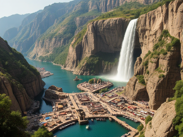 La Cité des Elfes : Une Merveille 
La cité des elfes, connue sous le nom de Xal'atun, était une merveille architecturale qui alliait beauté naturelle et prouesse technique. Perchée sur trois niveaux, la capitale était un exploit d'harmonie entre l'architecture et la nature, construite au bord d'une immense rivière qui se divisait en deux, créant une séparation majestueuse dans la montagne.

Un Palais Royal Sculpté dans la Roche
Au centre de cette cité se dressait le Palais Royal, une structure impressionnante sculptée directement dans la roche. Les murs de ce palais brillaient sous les rayons du soleil, ornés de motifs complexes représentant des scènes de la mythologie elfique et des histoires de héros anciens. Des escaliers monumentaux, s'élevant majestueusement à droite et à gauche, menaient aux niveaux inférieur de la cité, reliant les différentes couches d'habitations, de jardins suspendus et de sanctuaires.

La chute d'eau, qui tombait du sommet de la montagne, créait un spectacle féerique. L'eau scintillante tombait d'un étage à l'autre, se déversant dans un grand lac qui se trouvait en dessous. Ce lac, d'un bleu profond, était un lieu de sérénité, où les elfes venaient méditer et se ressourcer. L'humidité et la fraîcheur de l'eau apportaient une vie luxuriante tout autour, avec des plantes et des fleurs exotiques qui prospéraient dans cette atmosphère.

Le Grand Marché de Xal'atun
Autour du lac, se trouvait la plus grande place commerciale de la cité, animée par les cris des marchands et le bruit des visiteurs. Ce marché grouillant était un centre d'échanges où les elfes vendaient des produits artisanaux, des tissus colorés, des poteries délicates et des bijoux en pierres précieuses. Les senteurs des épices et des herbes se mêlaient à l'air, créant une ambiance vibrante et chaleureuse.

Les étals étaient disposés en cercles autour du lac, permettant aux habitants de profiter de la vue sur la cascade tout en se mêlant aux affaires. Les vendeurs appelaient les passants, offrant des échantillons de mets délicieux et des boissons rafraîchissantes à base de fruits locaux.

Le Port Maritime
En contrebas, à la base de la chute d'eau, s'étendait un port maritime animé, où la grande rivière rencontrait l'océan. Les elfes avaient construit des quais en bois et en pierre, permettant aux navires de commerce d'accoster et de décharger leurs cargaisons. Les bateaux ornés de voiles colorées naviguaient entre les rives, transportant des marchandises entre la cité et d'autres régions lointaines.

Le port était également un lieu de rencontre pour les voyageurs, les marins et les aventuriers, qui apportaient des histoires de leurs périples et des nouvelles des terres lointaines. Les rives étaient bordées de restaurants et de tavernes où l'on pouvait déguster des plats à base de fruits de mer fraîchement pêchés, tout en profitant de la beauté du paysage.