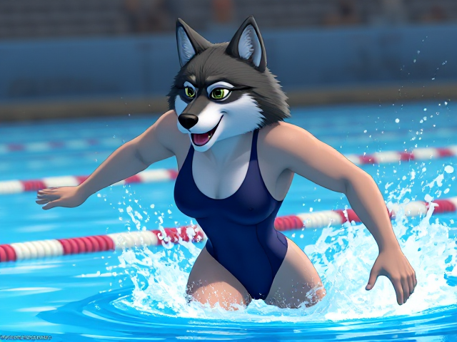 A wolf Olympic swimmer wearing a one piece swimsuit