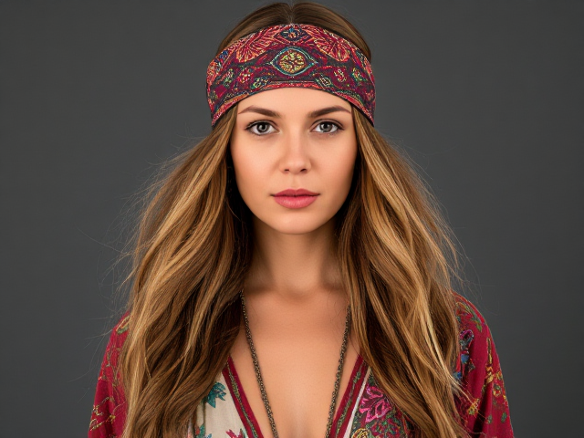 70s hippy woman with a bandanna. Her full body is visible from head to toe.