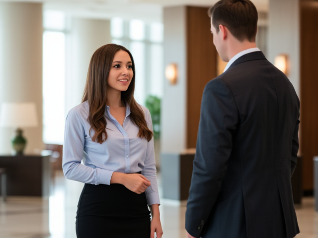 Lean Brunette female wearing a light blue shirt and black dress skirt meeting a man in a hotel lobby