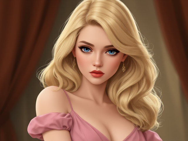 Blonde woman who is dressed in beige Who I, Pink, Dress On arm and she looks sad. Cartoon style